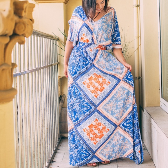 Boho Split Tie-Waist Vintage Print Maxi Dress
